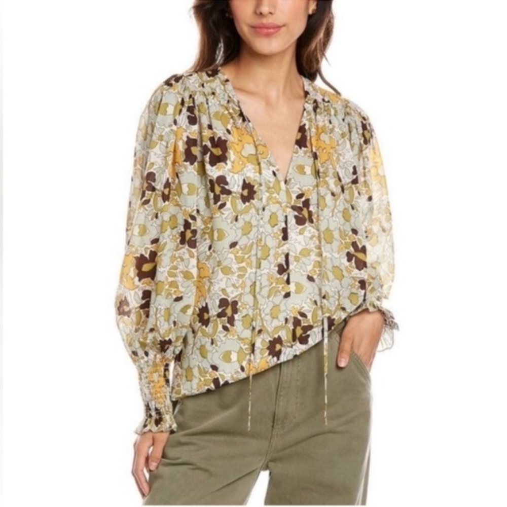 Rebecca Taylor Brown and Yellow‎ Floral With a Tie Neckline Blouse Bohemian City
